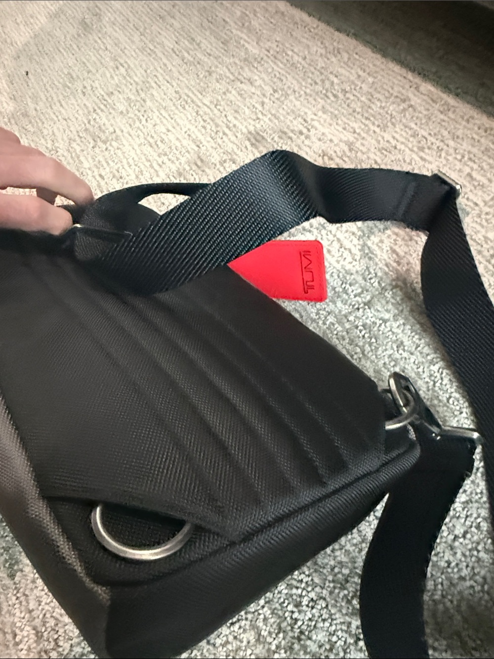 Tumi Gray Sling Bag with Red Accent- NEVER USED OR WORN. Tags removed, A gift - Picture 8 of 9